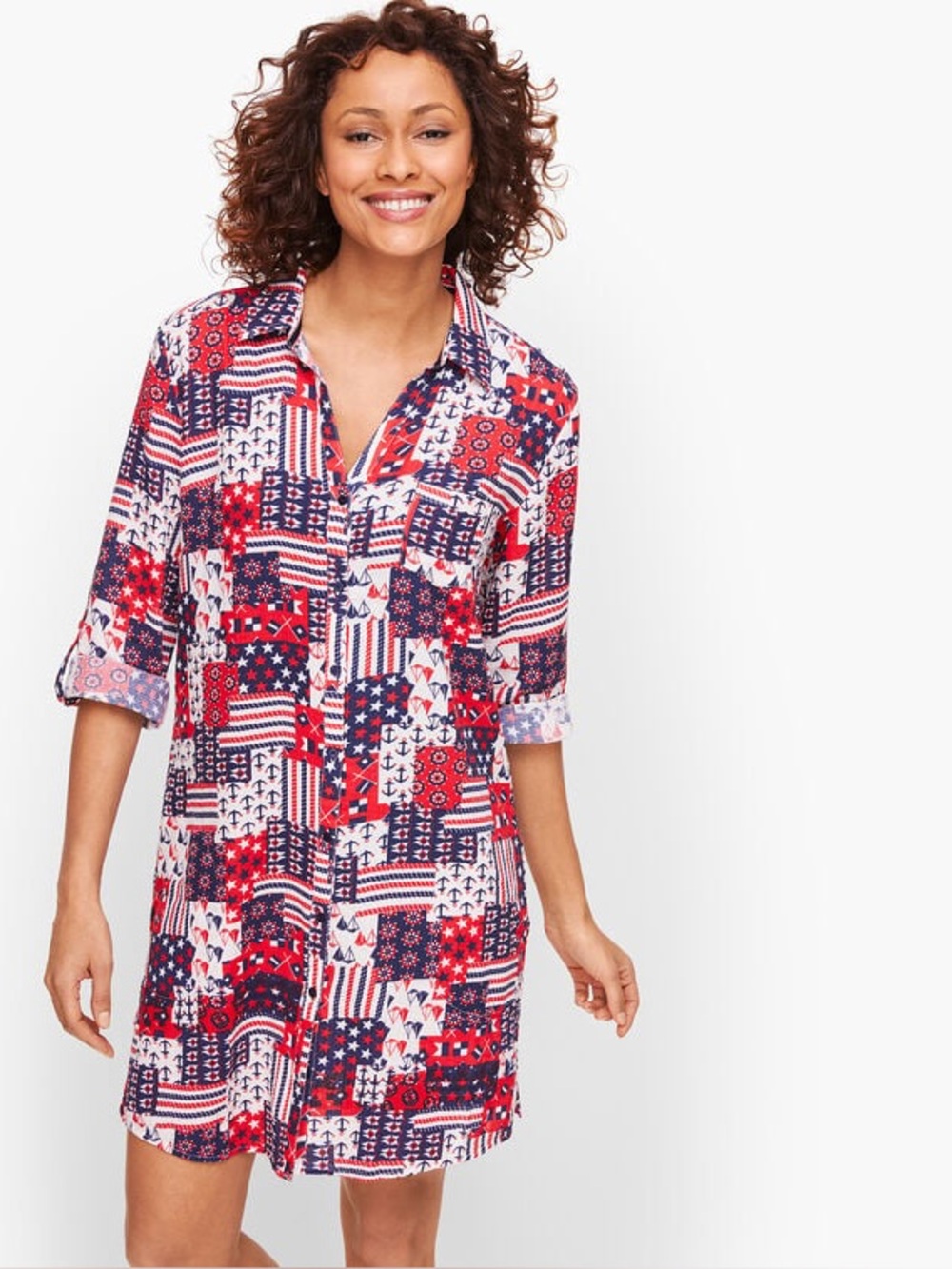 Talbots Crinkle Cotton Beach Shirt Dress L Patriotic Patchwork Cover-Up Nautical